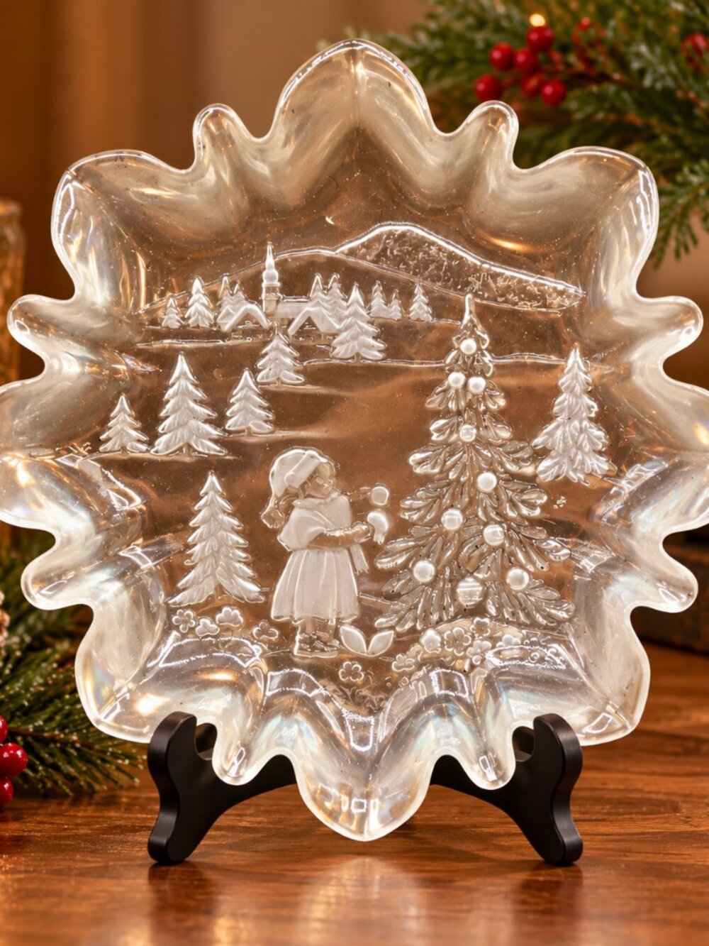 Iridescent White Holiday Glass Bowl with Scalloped Edges